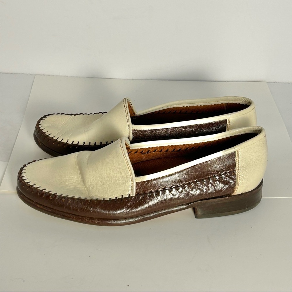 Vtg Maggio & Rossetto Mens Size 6.5 Loafers Brown Ivory Whipped Stitching Detail - Picture 3 of 11